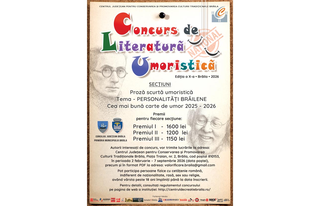 Start înscrieri la ediția a X-a a Concursului Național de Literatură Umoristică de la Brăila