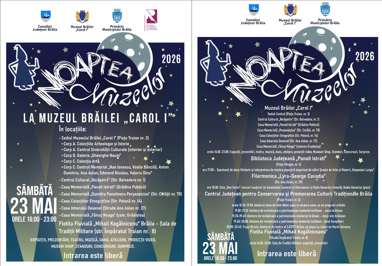 Noaptea Muzeelor la Brăila, șapte ore de spectacole, expoziții și bună dispoziție. Programul complet