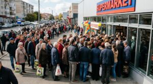 Îmbulzeală la inaugurarea unui magazin alimentar