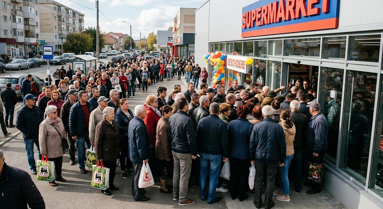 Îmbulzeală la inaugurarea unui magazin alimentar